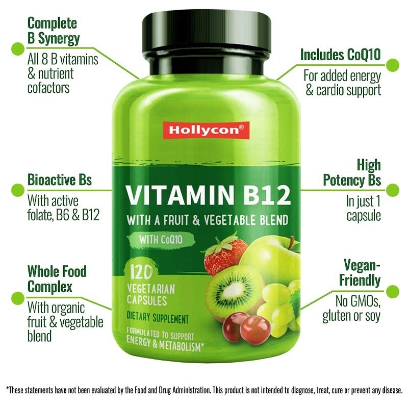 FDA vitamina b12 cápsulas metilfolato vitamina B6 mezcla de frutas y verduras apoya energía saludable vegano