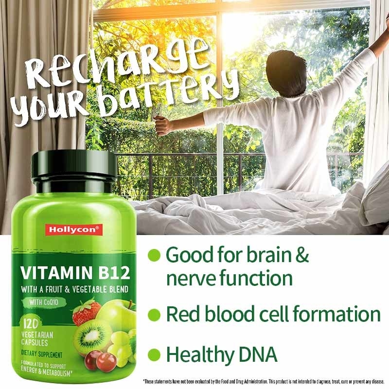 FDA vitamina b12 cápsulas metilfolato vitamina B6 mezcla de frutas y verduras apoya energía saludable vegano