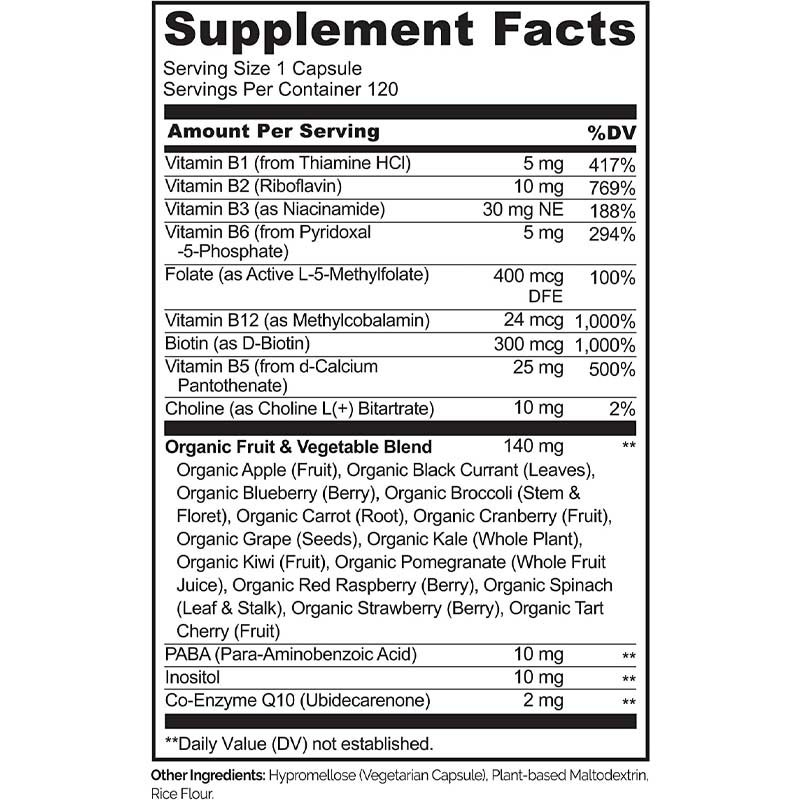 FDA vitamina b12 cápsulas metilfolato vitamina B6 mezcla de frutas y verduras apoya energía saludable vegano