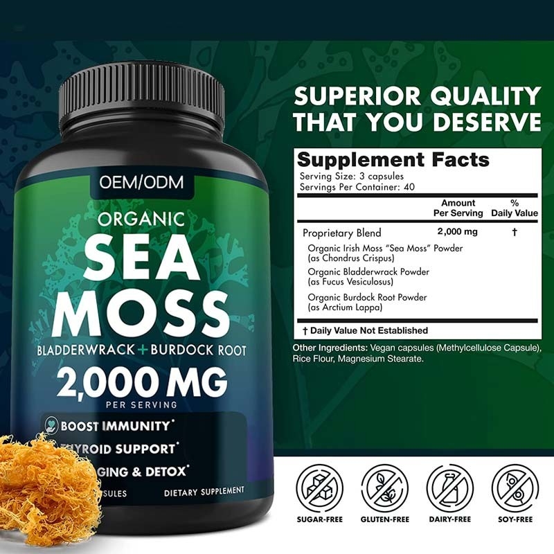 Mar orgánico Unflavored Moss Raw de Moss Capsules Wildcrafted Non GMO del mar 60 píldoras libres de Seamoss del gluten