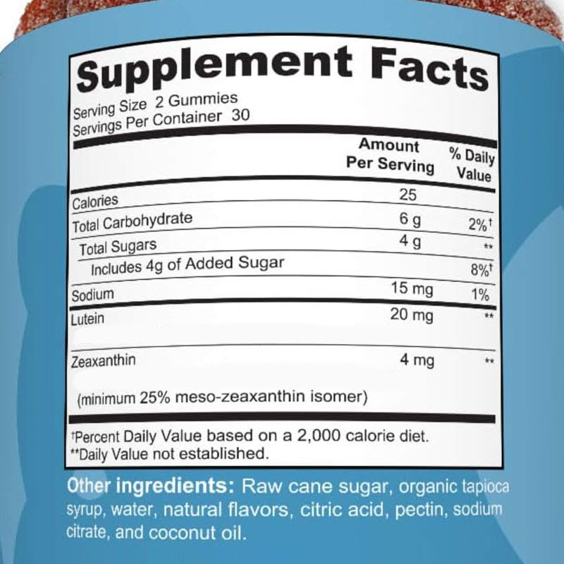 2500mcg Vitamina B7 Natural Zeaxantina Luteína Sabores personalizados Producción no contaminante Gummies para ojos