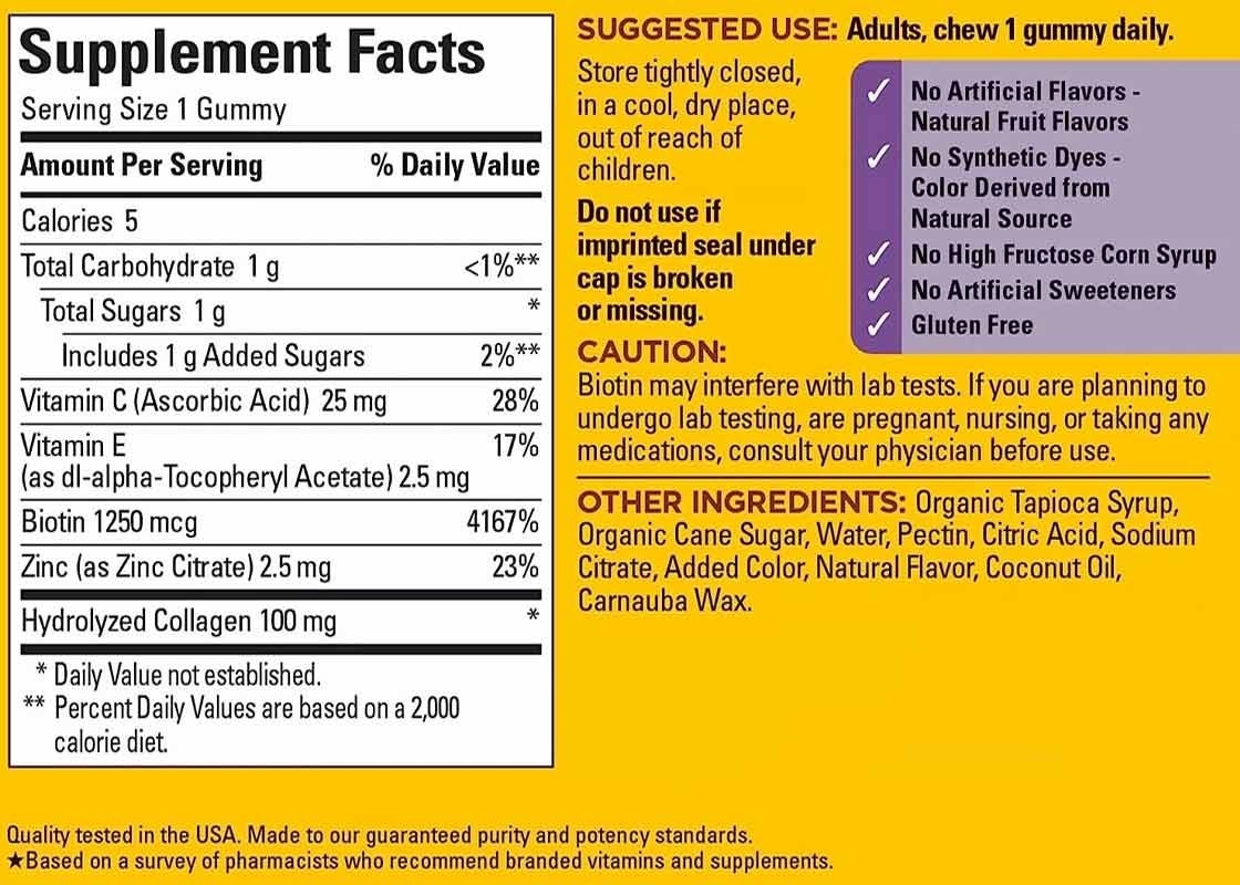 COA colágeno gomas con vitamina C Zinc Biotina 60PCS para la salud de la piel Suplemento de apoyo inmunológico