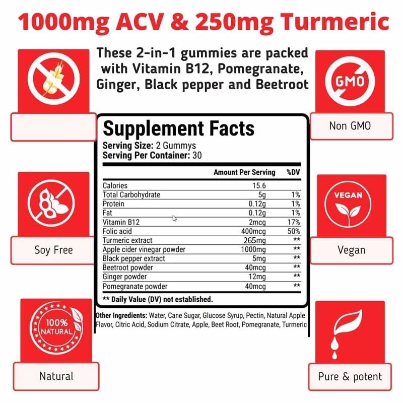 Los gominosas de ACV para la pérdida de peso apoyan la digestión intestinal saludable estómago delgado Vinagre de sidra de manzana y gominosas de cúrcuma