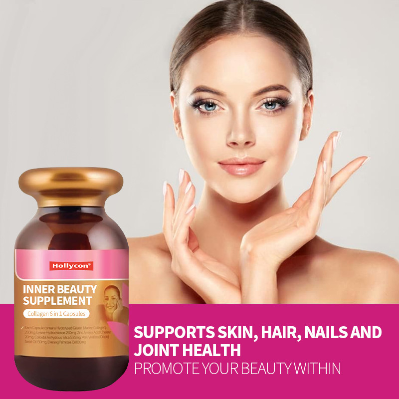 OEM de marca privada Suplemento de belleza interior Colágeno 6 en 1 cápsulas Suplemento saludable para la piel