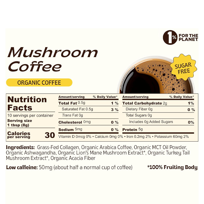 Café de hongo instantáneo orgánico con colágeno Aceite MCT Digestión Suplemento de salud Hongo Café en polvo
