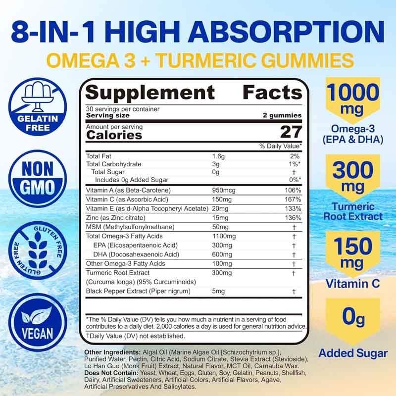 Apoyo OEM DHA Vitamina A C E Zinc Cúrcuma para adultos Omega-3 gomitas líquidas