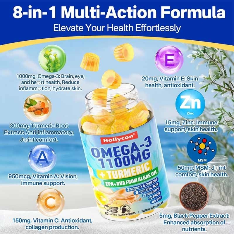 Apoyo OEM DHA Vitamina A C E Zinc Cúrcuma para adultos Omega-3 gomitas líquidas