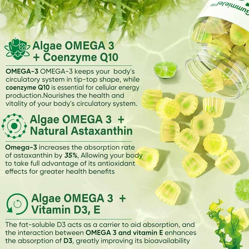 Apoyo OEM DHA Vitamina E A D3 para la articulación del ojo y el cerebro Algas Omega-3 2200mg Gumias