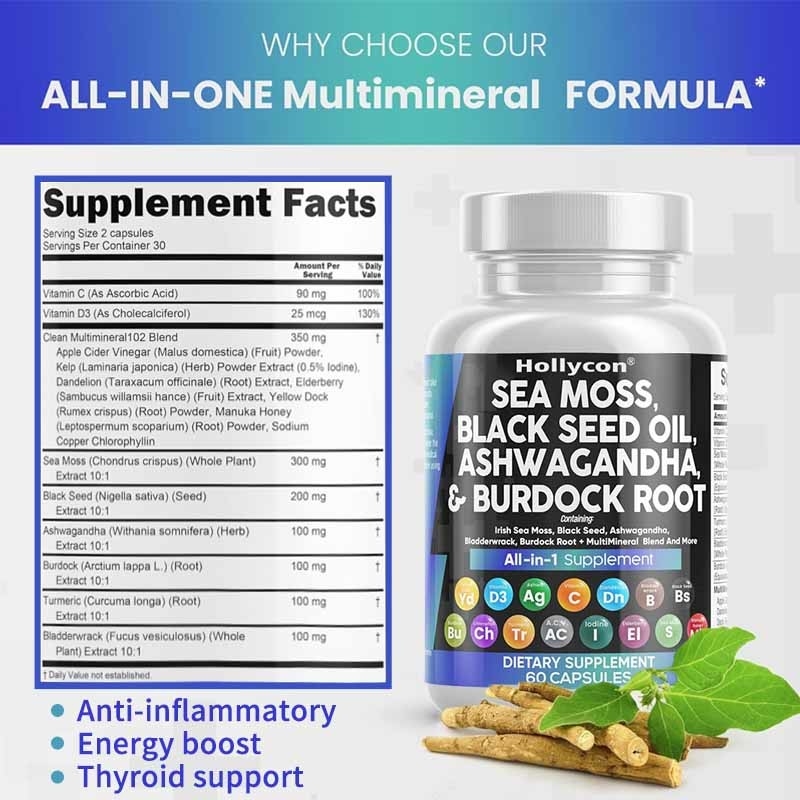 OEM Ashwagandha Cúrcuma Vitamina C D3 para adultos Aceite de semilla de musgo negro cápsulas