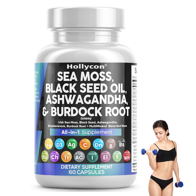 OEM Ashwagandha Cúrcuma Vitamina C D3 para adultos Aceite de semilla de musgo negro cápsulas