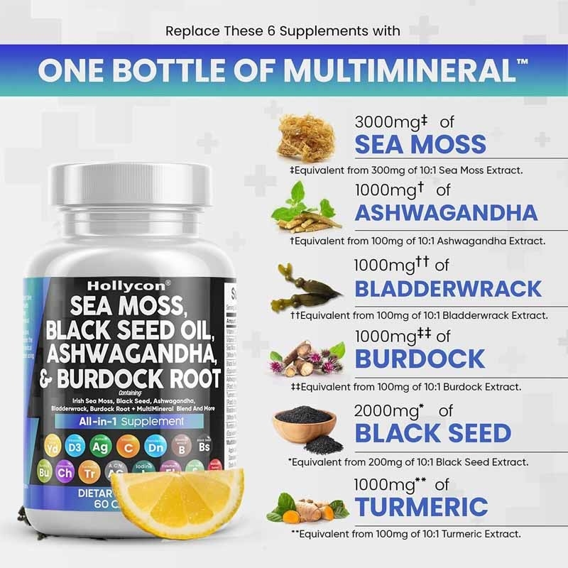 OEM Ashwagandha Cúrcuma Vitamina C D3 para adultos Aceite de semilla de musgo negro cápsulas