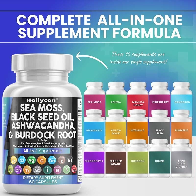 OEM Ashwagandha Cúrcuma Vitamina C D3 para adultos Aceite de semilla de musgo negro cápsulas