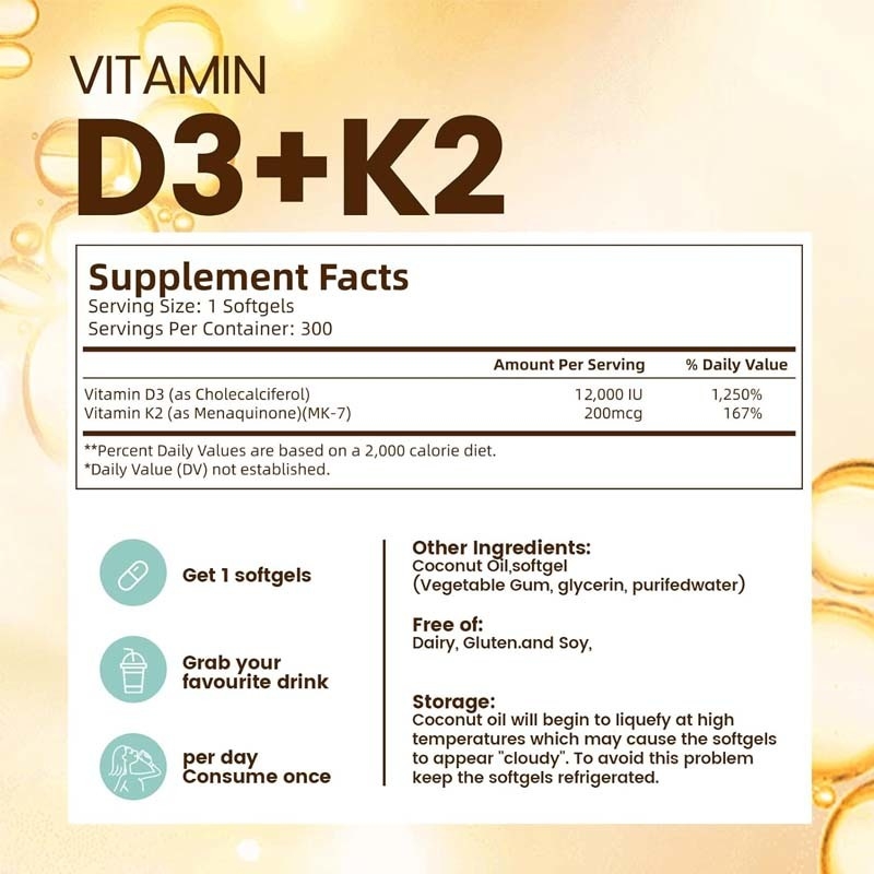 OEM Absorción de calcio Salud de los huesos inmunitaria y del corazón Vitamina D3 K2 Aceite de coco Softgels