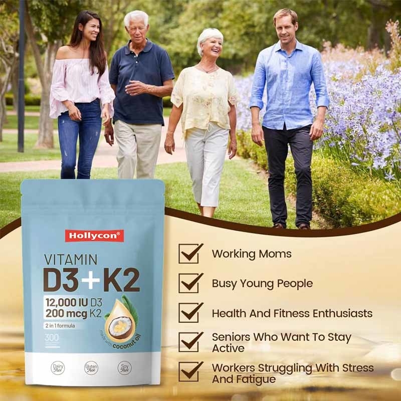 OEM Absorción de calcio Salud de los huesos inmunitaria y del corazón Vitamina D3 K2 Aceite de coco Softgels