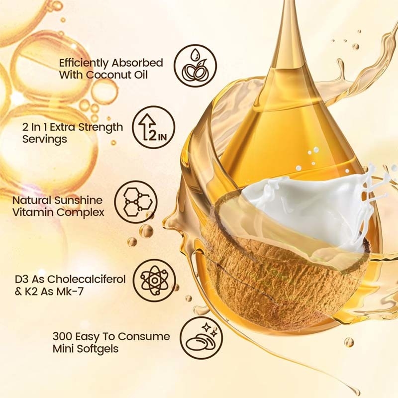 OEM Absorción de calcio Salud de los huesos inmunitaria y del corazón Vitamina D3 K2 Aceite de coco Softgels