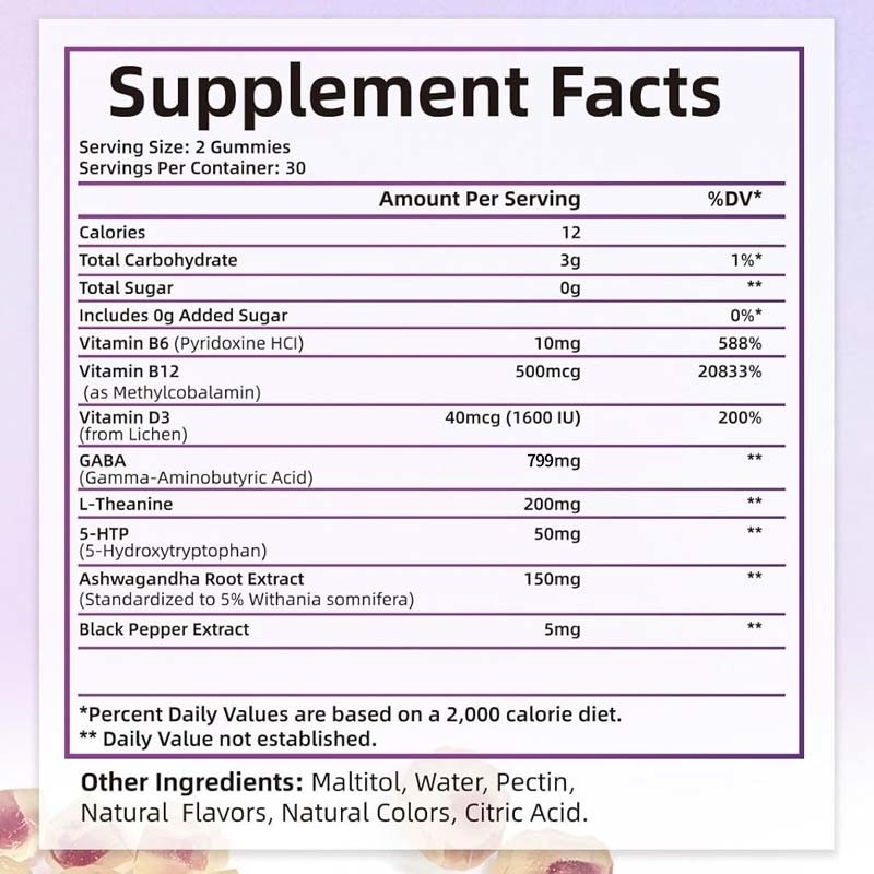 GABA de fábrica con L-teanina 5-HTP Vitaminas D3 B12 alivio del estrés Gomitas para dormir