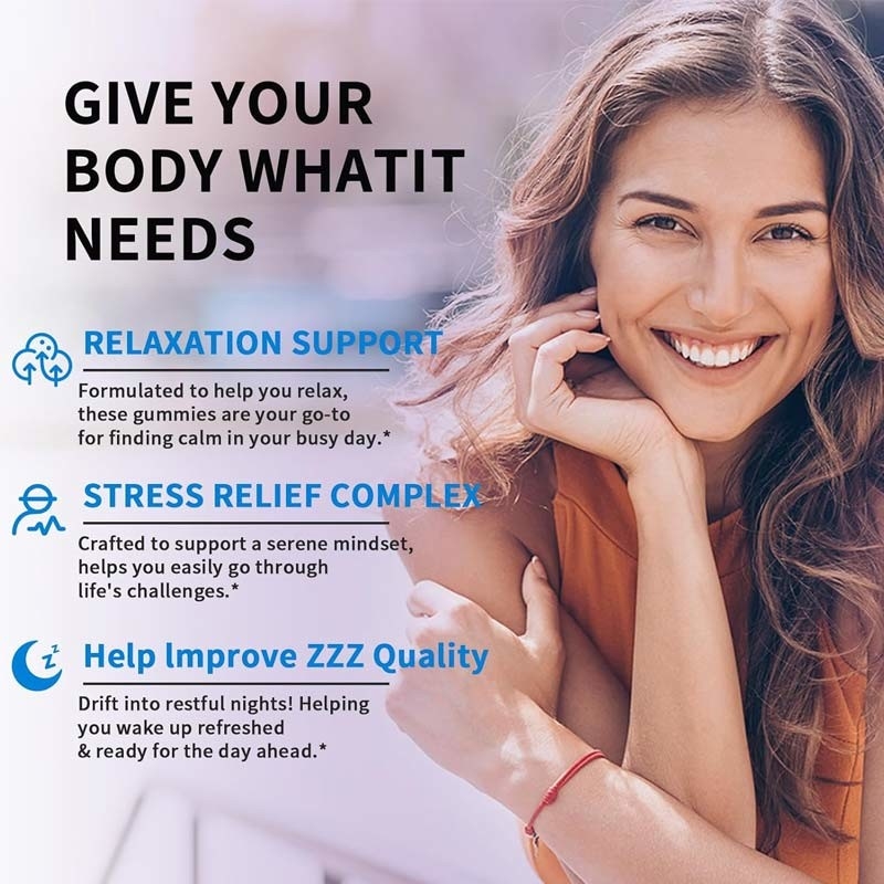 GABA de fábrica con L-teanina 5-HTP Vitaminas D3 B12 alivio del estrés Gomitas para dormir
