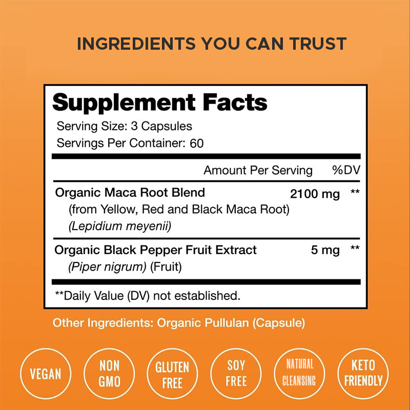 Capsulas de raíz de maca 2100mg Mezcla orgánica de raíz de maca para proporcionar energía Capsulas de maca