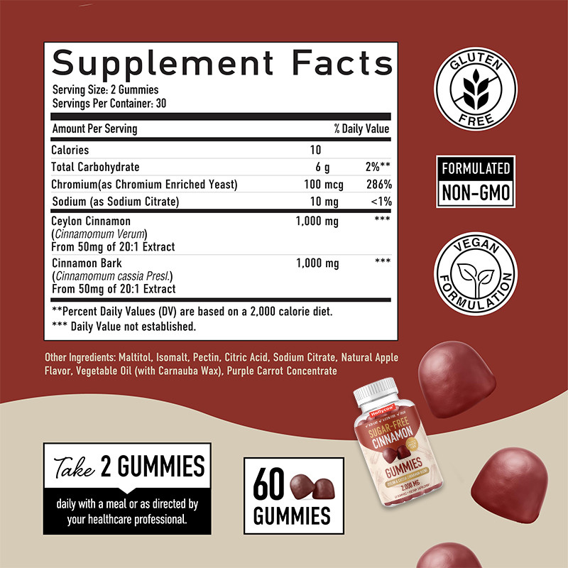 Gumias de canela sin azúcar 1000 mg Gumias de extracto de canela de Ceilán para apoyar el sistema inmunológico