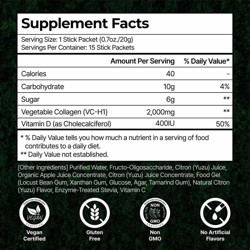 Bastones de gelatina de colágeno vegano con vitamina D3 400IU para apoyar huesos sanos