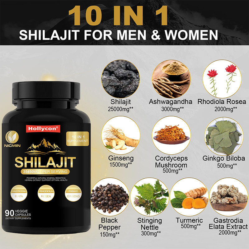 Suplemento de Shilajit orgánico del Himalaya puro para el apoyo inmunológico 25000mg cápsulas de Shilajit
