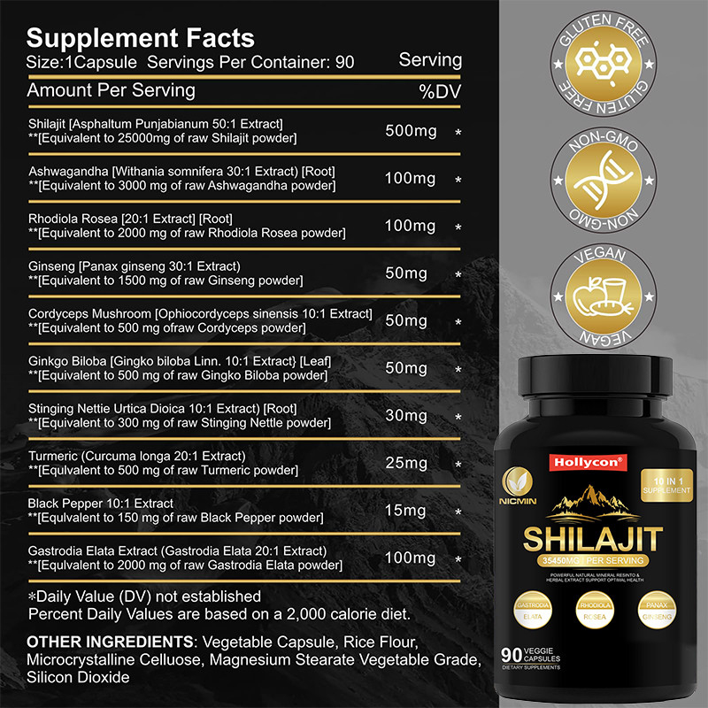 Suplemento de Shilajit orgánico del Himalaya puro para el apoyo inmunológico 25000mg cápsulas de Shilajit