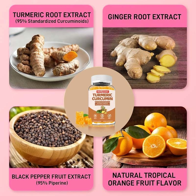 Las gomas de curcumina de cúrcuma con jengibre y pimienta negra apoyan la salud inmune, la piel sana y las articulaciones para mujeres, hombres y niños