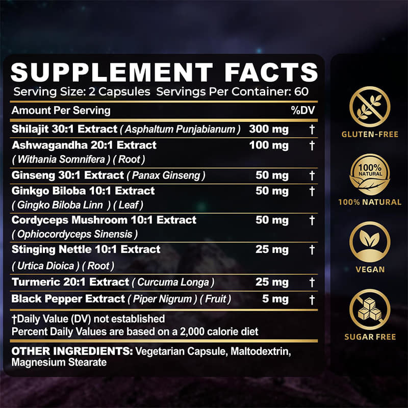 Shilajit cápsulas de venta caliente suplemento de Shilajit orgánico puro del Himalaya para hombres apoyo inmunológico aumento de energía