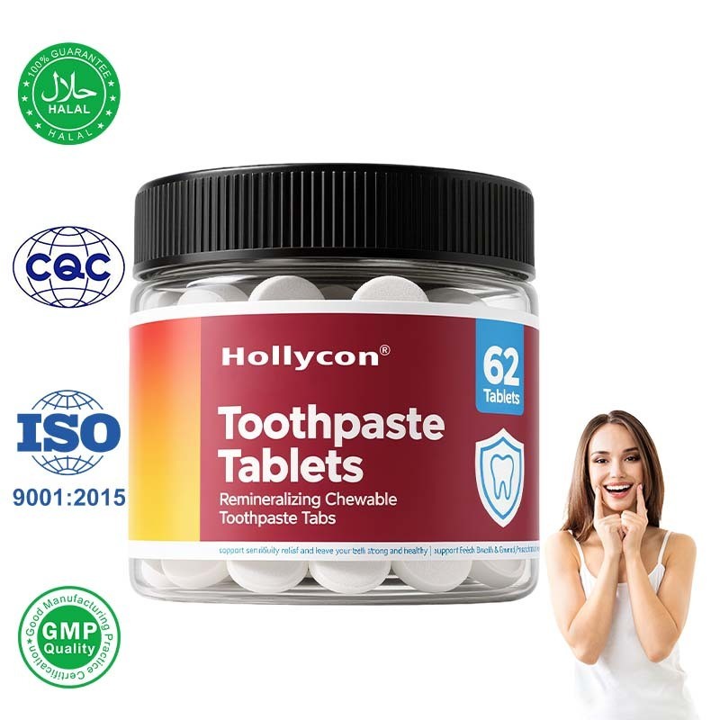 Tabletas de pasta de dientes hechas de fábrica, nano hidroxiapatita con probióticos, fluoruro y plástico sin plástico, tamaño ecológico y amigable para viajes, pestañas de pasta de dientes masticables remineralizantes, fórmula personalizada