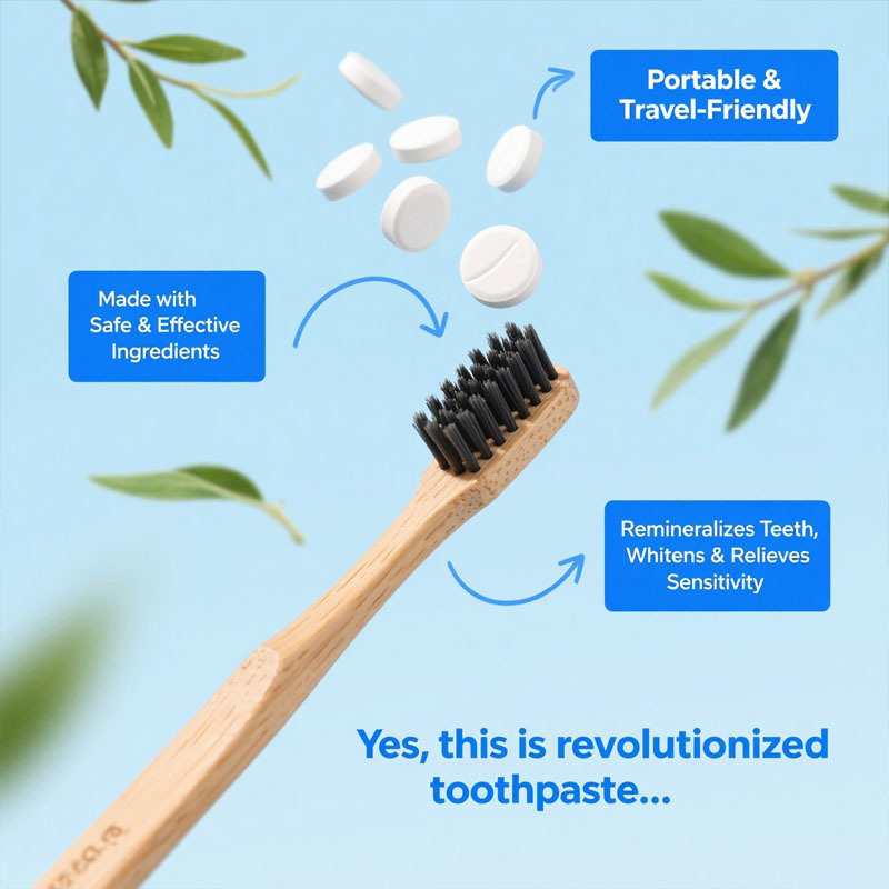 Tabletas de pasta de dientes hechas de fábrica, nano hidroxiapatita con probióticos, fluoruro y plástico sin plástico, tamaño ecológico y amigable para viajes, pestañas de pasta de dientes masticables remineralizantes, fórmula personalizada