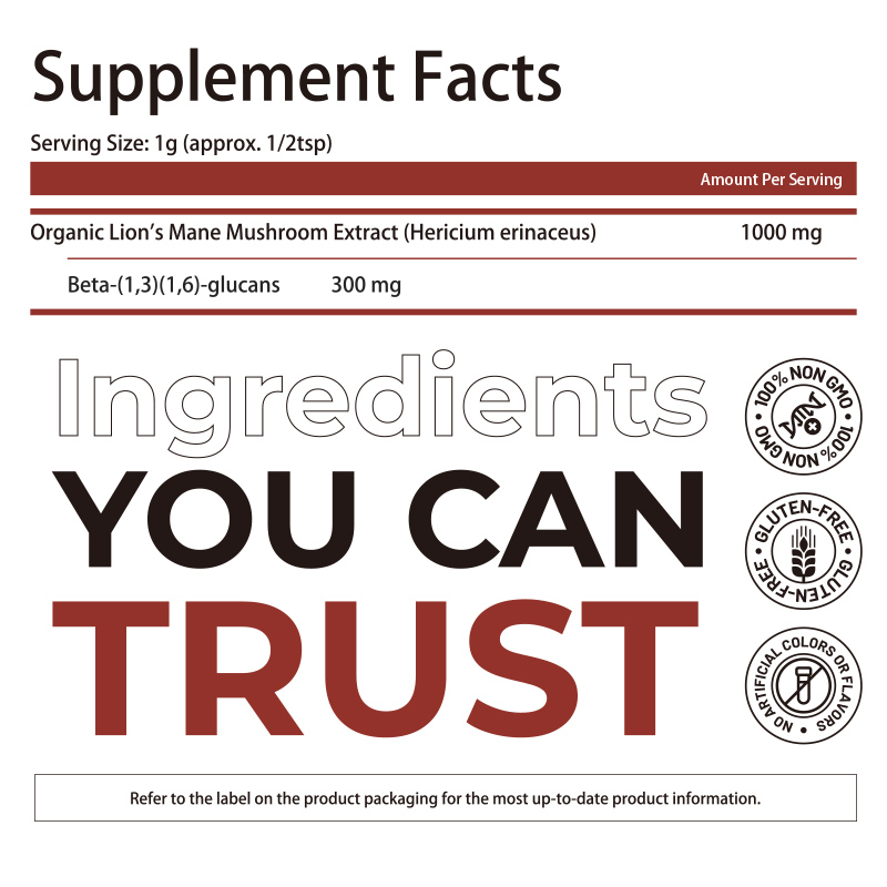 Polvo de suplemento orgánico de melena de león con 100% de extracto de cuerpo de frutas y 30% de beta-glucanos para apoyo cognitivo - 150 gramos por bolsa