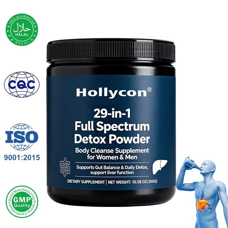 Precio de fábrica OEM 29 en 1 Polvo de desintoxicación para todo el cuerpo con cardo mariano. Poderoso sabor terroso de ingredientes naturales. Suplemento de apoyo hepático y digestivo.