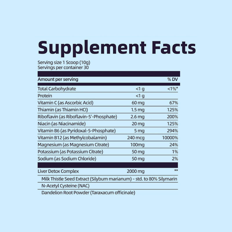 Precio de fábrica OEM 29 en 1 Polvo de desintoxicación para todo el cuerpo con cardo mariano. Poderoso sabor terroso de ingredientes naturales. Suplemento de apoyo hepático y digestivo.