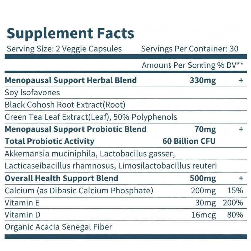 Suplementos probióticos para la menopausia fabricados en fábrica OEM / ODM para mujeres: 60 mil millones de UFC de probióticos Akkermansia para el equilibrio hormonal, sudores nocturnos, alivio de los sofocos, salud intestinal, fórmula personalizada