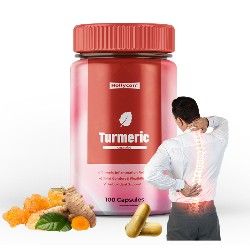 Cápsulas de cúrcuma de marca privada con 100 cápsulas por botella para el apoyo digestivo y una dosis diaria de 3 cápsulas