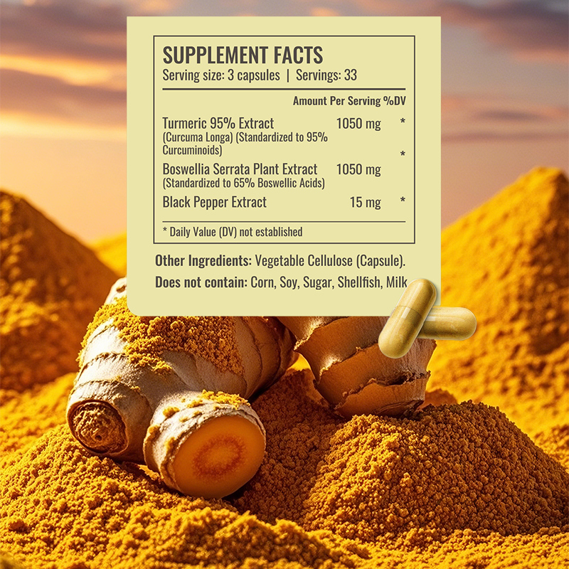 Cápsulas de cúrcuma de marca privada con 100 cápsulas por botella para el apoyo digestivo y una dosis diaria de 3 cápsulas