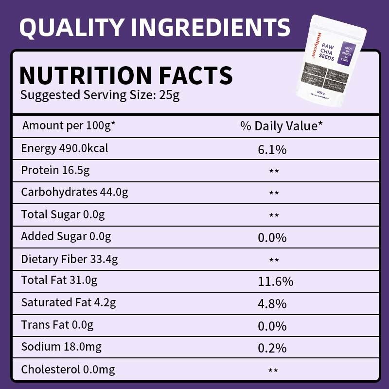 Semillas de Chía OEM / ODM 500g, Paquete de 1 | Semillas para Comer | Semillas para el Control de Peso | Ricas en Calcio, Proteínas y Fibras Sin Azúcar Añadido, Fórmula personalizada