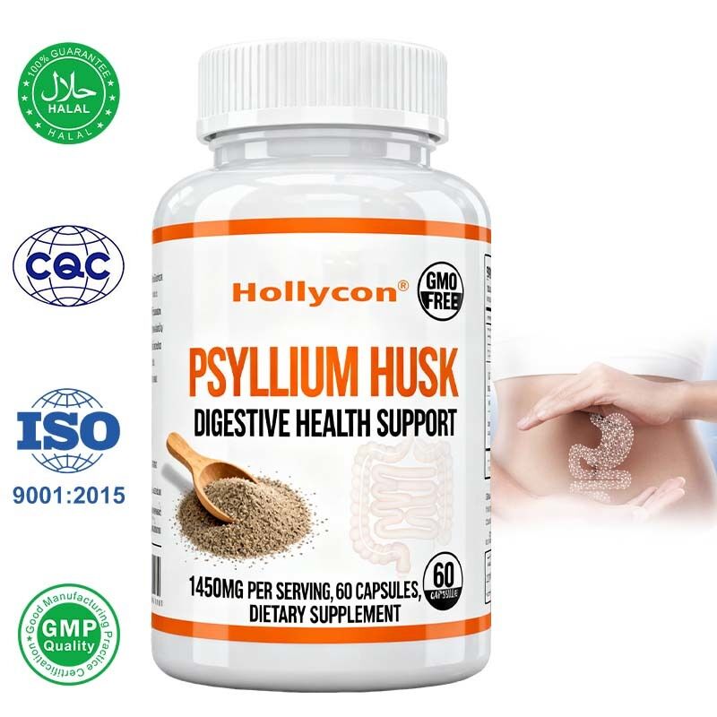 Las cápsulas de Psyllium Husk   60 Count   Suplemento de apoyo intestinal y del colon    Promueve la salud digestiva y la regularidad     No transgénico, fórmula de alta fibra de etiqueta privada, OEM disponible, precio de fábrica