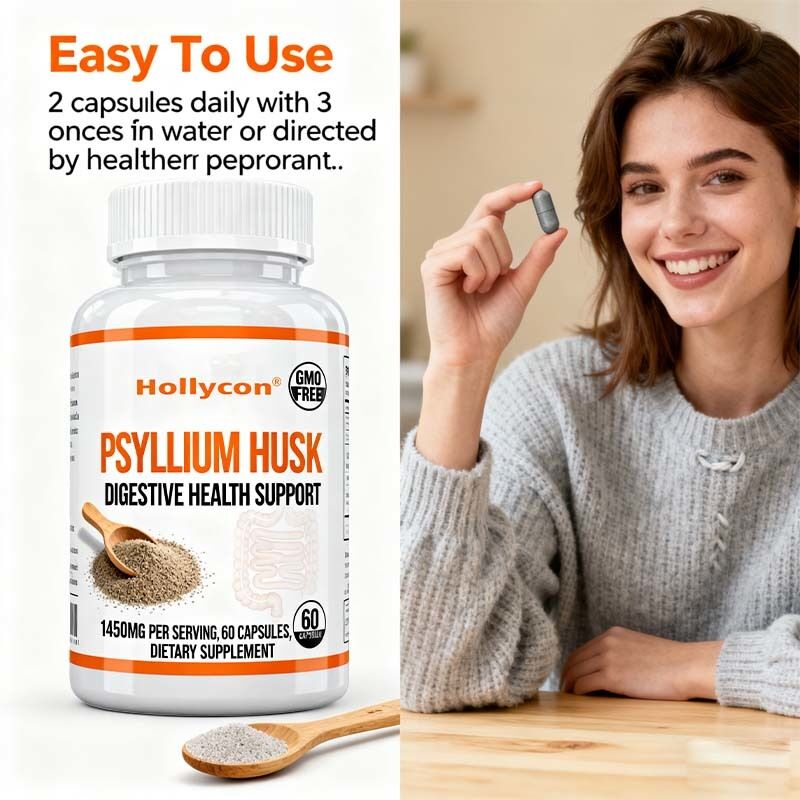 Las cápsulas de Psyllium Husk   60 Count   Suplemento de apoyo intestinal y del colon    Promueve la salud digestiva y la regularidad     No transgénico, fórmula de alta fibra de etiqueta privada, OEM disponible, precio de fábrica