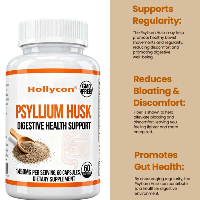 Las cápsulas de Psyllium Husk   60 Count   Suplemento de apoyo intestinal y del colon    Promueve la salud digestiva y la regularidad     No transgénico, fórmula de alta fibra de etiqueta privada, OEM disponible, precio de fábrica