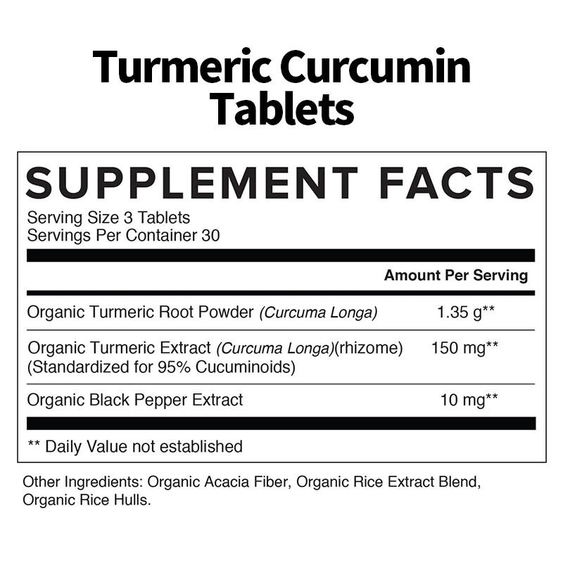 Suplemento de curcumina de cúrcuma orgánica OEM 1350 mg cada uno, soporte natural para las articulaciones, pimienta negra para la absorción, tableta de curcumina de cúrcuma