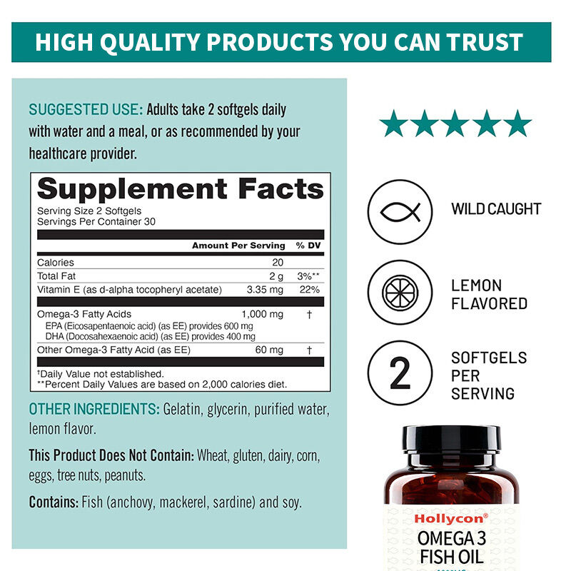 Suplemento OEM de Omega 3, 1000 mg por porción, 600 EPA y 400 DHA y vitamina E para la salud del corazón y el cerebro, aceite de pescado Omega 3