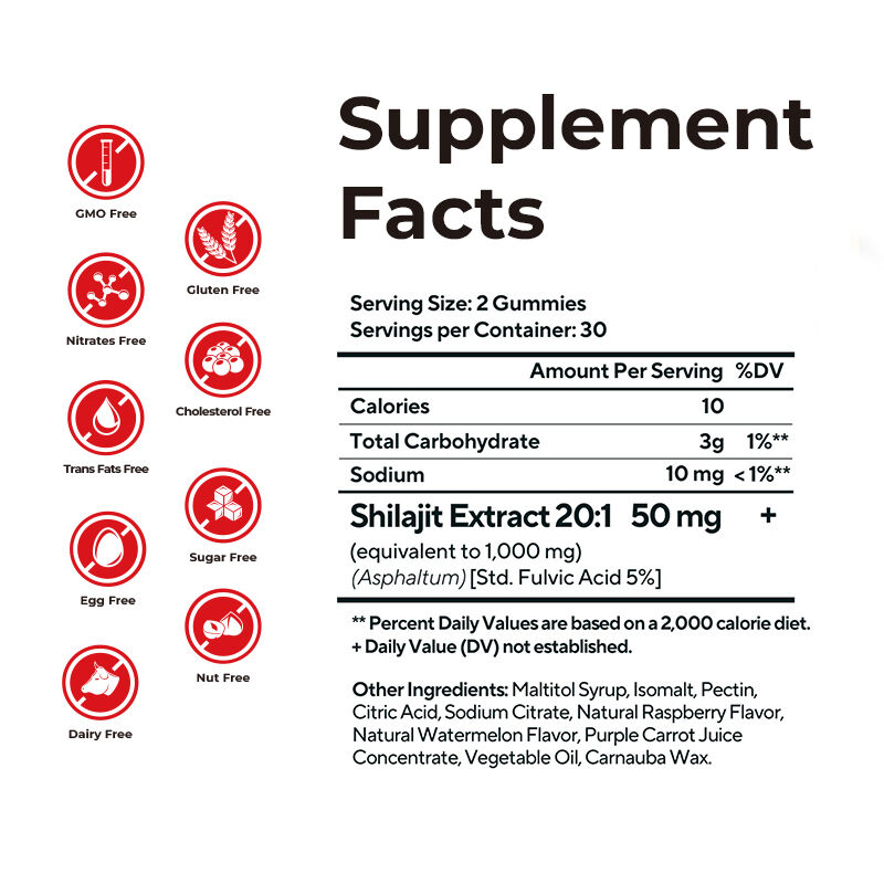 Etiqueta privada Shilajit Gummies masculino Fulvic ácido de azúcar libre de suplemento Mantener niveles normales de energía y la función inmune