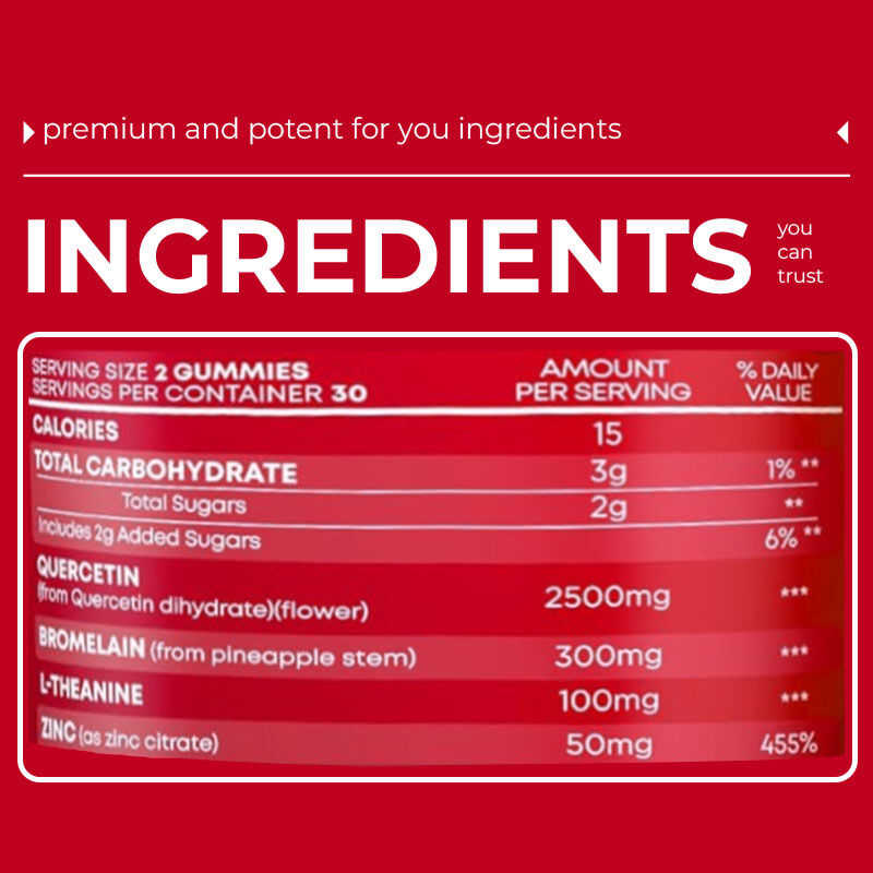 Etiqueta privada Bromelina L-teanina Suplemento de zinc Suplementos veganos para niños Adultos Quercetina gomas