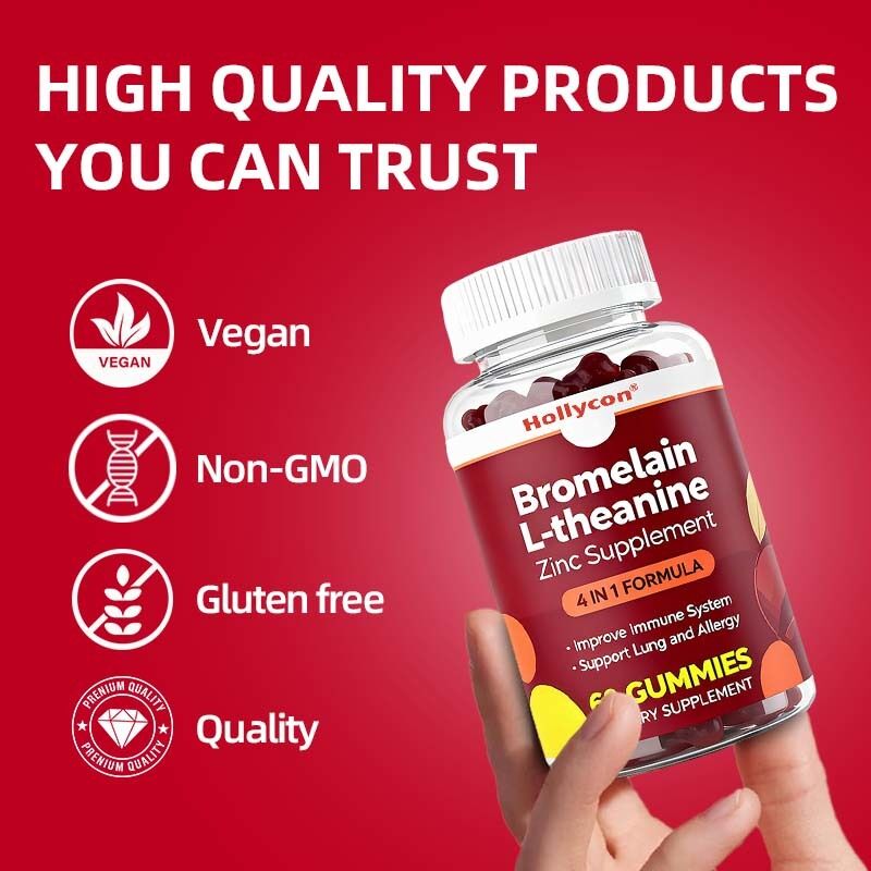 Etiqueta privada Bromelina L-teanina Suplemento de zinc Suplementos veganos para niños Adultos Quercetina gomas