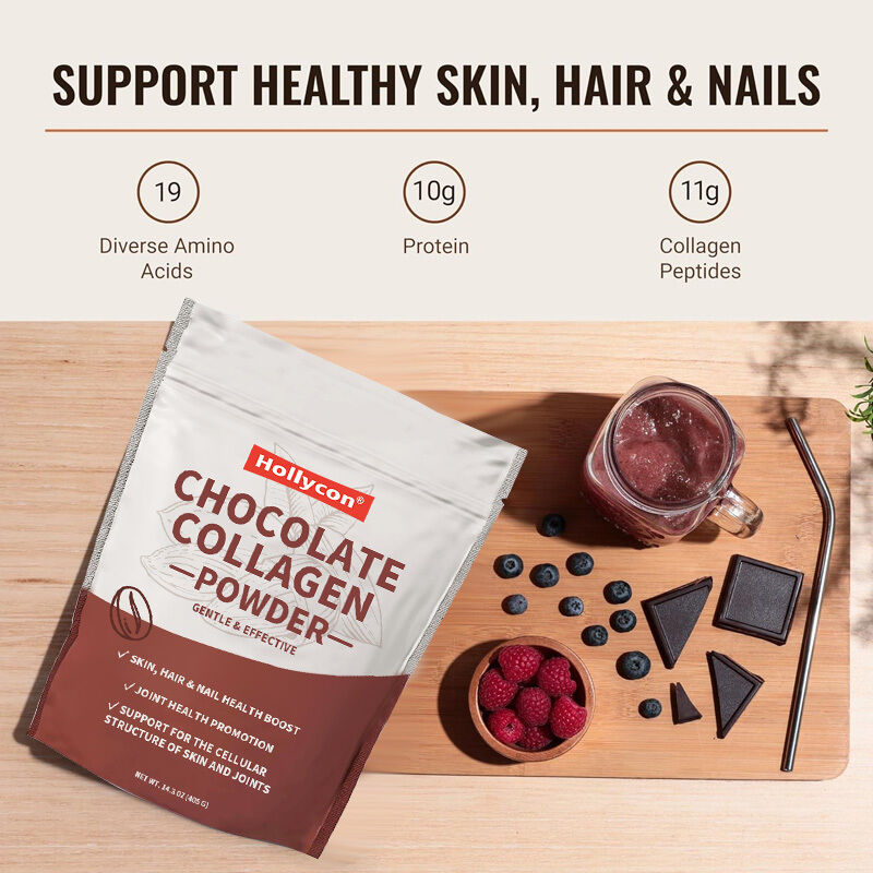 Peptídeos de colágeno OEM Polvo de cabello, piel, uñas, apoyo articular Tipo I y III Suplementos de colágeno alimentados con pasto Polvo de colágeno de chocolate