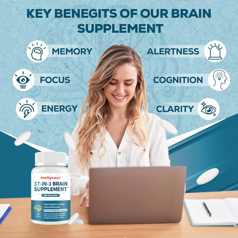 Tabletas cerebrales OEM 17 en 1 para memoria y concentración Nootrópicos naturales Suplemento cerebral L-Teanina Energía cognitiva Suplemento cerebral