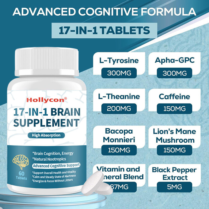 Tabletas cerebrales OEM 17 en 1 para memoria y concentración Nootrópicos naturales Suplemento cerebral L-Teanina Energía cognitiva Suplemento cerebral