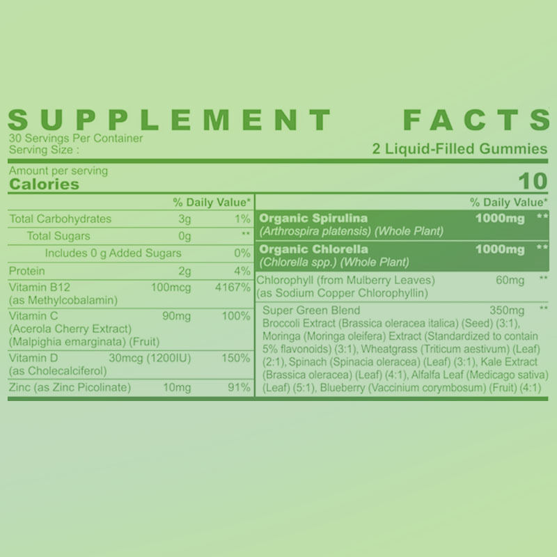 OEM / ODM Personalizado Spirulina Chlorella gomas para la energía y la vitalidad Digestión y salud intestinal Antioxidante y apoyo inmunológico