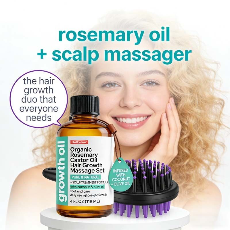Set de Masaje con Aceite de Romero y Ricino Orgánico para el Crecimiento del Cabello, Cuidado del Cuero Cabelludo, Tratamiento Nutritivo y Cabello Más Grueso y Abundante